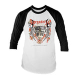 Close-up of Megadeath Killing is My Business white raglan t-shirt with black 3/4 sleeves featuring album artwork, displayed on a white background.