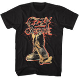 Close-up of black Ozzy Osbourne Blizzard Lightning t-shirt featuring the album artwork, on a white background.