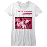 Close-up of Duran Duran Debut Album white t-shirt featuring the album artwork in shades of pink with the text "Duran Duran" at the top, photographed flat on a white background.