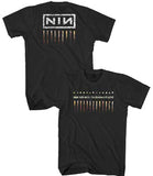 Close-up of black Nine Inch Nails Downward Spiral t-shirt featuring the album cover art with the NIN logo on the front and the album cover art with the words 'nine inch nails the downward spiral' on the back, on a white background.