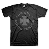 Close-up of The Cult Sonic Temple black t-shirt featuring a large iron cross and the text 'The Cult Sonic Temple' around it in grey, displayed on a white background.