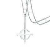 A silver-toned metal necklace featuring the Ghost band logo and a matching chain, photographed on a white background.