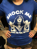 Blue Ace Frehley Shock Me t-shirt featuring a white image of Ace with the words 'Shock Me' and 'Make Me Feel Better' in white text.