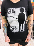 The Cure Boys Don't Cry black t-shirt featuring the album artwork, photographed on a model.
