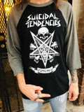 Suicidal Tendencies Possessed black raglan t-shirt with grey 3/4 sleeves featuring the album artwork, photographed on a model.