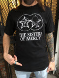 Sisters of Mercy Classic & Gears black t-shirt featuring their iconic gears artwork, on a model.