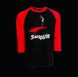Close-up of Suspiria Movie Poster black raglan t-shirt with red 3/4 sleeves featuring the movie poster artwork, displayed on a translucent background.