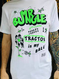Close-up of Mr Bungle There's a Tractor in my balls white t-shirt featuring the text and doodles from the album artwork, photographed on a model.