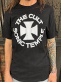 The Cult Sonic Temple black t-shirt featuring a large iron cross with 'The Cult Sonic Temple' text around it in white, on a model.