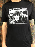 The Stone Roses black t-shirt featuring a black and white image of the band, on a model.