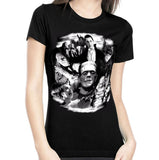 Black Universal Monsters Collage t-shirt featuring a glow in the dark print of Frankenstein, Bride of Frankenstein, Dracula, the Mummy, the Wolfman, and the Creature from the Black Lagoon, on a model against a white background.