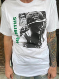 The Smiths Meat is Murder white t-shirt featuring album artwork, on a model.