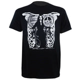 Close- up of Morticia Addams black t-shirt featuring a black and white image of her sitting in a chair designed to look like a ribcage, displayed on a white background.