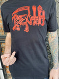 Death Original Logo black t-shirt featuring a large band logo in red, on a model.