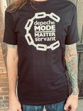 Depeche Mode Master and Servant black t-shirt  featuring the chain from the album artwork, on a model.