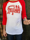 Death Original Logo white raglan t-shirt with red 3/4 sleeves featuring the band logo in red, on a model.