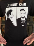 Johnny Cash Mugshot black t-shirt  featuring his publicity mugshot taken when he performed at Folsom Prison, on a model.