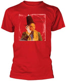 Close-up of Captain Beefheart Troutmask Replica red t-shirt featuring album artwork, displayed on a white background.