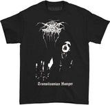 Close-up of Darkthrone Transilvanian Hunger black t-shirt featuring album artwork, displayed on a white background.