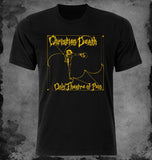 Close-up of Christian Death Only Theatre of Pain black t-shirt featuring album artwork, displayed on a grey textured background.