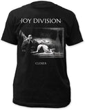 Close-up of Joy Division Closer black t-shirt featuring album artwork, displayed on a white background.