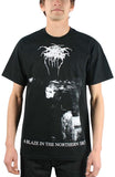 Darkthrone A Blaze in the Northern Sky black t-shirt featuring album artwork, on a model against a white background.