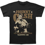 Close-up of Johnny Cash San Quentin Live black t-shirt featuring performance poster artwork with a sepia image of him with a guitar holding up his middle finger along with the text 'Johnny Cash San Quentin State Prison California 1969', displayed on a white background.