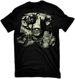 Close-up of Monster Collage Glow in the Dark black t-shirt featuring a black and white image of the various movie monsters: Dracula, Wolfman, Creature from Black Lagoon, Frankestein, Bride of Frankenstein, and The Mummy, displayed on a white background.