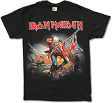 Close-up of Iron Maiden Trooper black t-shirt featuring the band name in red with white outlines along with an illustration of the classic Trooper image, displayed against a white background.