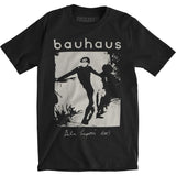 Close-up of Bauhaus Bella Lugosi black t-shirt featuring album artwork of figure carrying a woman, displayed on a white background.