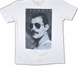 Close-up of Freddie Mercury white t-shirt featuring a large black and white headshot of him wearing sunglasses with the text 'Freddie' in white on the top of the image, displayed on a white background.