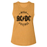 Close-up of AC/DC High Voltage golden yellow sleeveless t-shirt featuring black lettering for "AC/DC High Voltage", photographed flat on a white background.