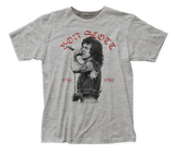 Light heather grey Bon Scott RIP t-shirt with an image of him singing and red text for 'Bon Scott' and '1946 1980' on a transparent background.