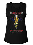 Close-up of Motley Crue Dr Feelgood black sleeveless t-shirt featuring the album artwork, photographed flat on a white background.