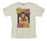 Close-up of tan David Bowie Rebel Rebel t-shirt featuring an image of David Bowie wearing a scarf with the words 'Rebel Rebel' in large red and yellow text, on a transparent background.
