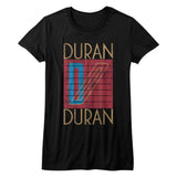 Close-up of Duran Duran Seven and the Ragged Tiger black t-shirt featuring the album artwork, photographed flat on a white background.