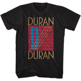 Close-up of Duran Duran Seven and the Ragged Tiger black t-shirt featuring album artwork, displayed against a white background.