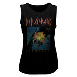 Close-up of Def Leppard Pyromania black sleeveless t-shirt featuring the album artwork, photographed flat on a white background.