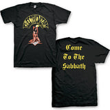 Front and back of Electric Wizard Sabbath black t-shirt featuring album artwork on the front and yellow text 'Come to the Sabbath' on the back, displayed on a white background.