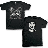 Front and back of Electric Wizard Time to Die black t-shirt featuring album artwork on the front and a stylized and upside down ankh along with '666' in white on the back, displayed on a white background.