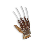 Close-up of Freddy Kruger Glove enamel pin in shades of brown with silver metal blades extending out of the fingers.