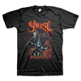 Close-up of Ghost Charger black t-shirt featuring a large logo in orange with burgundy outline and a Papa on a charging horse illustration, displayed on  a metal gate background.