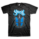 Close-up of Ghost Blue Doom black t-shirt featuring a large logo in white with blue outline and a blue Papa illustration, displayed on  a white background.