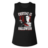 Close-up of black sleeveless Halloween movie t-shirt featuring a white and red image of Michael Myers holding a bloody knife and white with red blood dripping text in large letters that says 'Everyday is Halloween', on a white background.