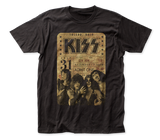 Close-up of Kiss Vintage Concert Ticket black t-shirt featuring a mock concert ticket from Toledo Ohio on July 31st in a parchment vintage design along with a black and sepia image of the band across the bottom of the ticket, displayed on a translucent background.