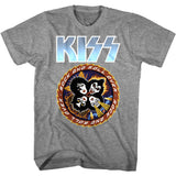 Close-up of Kiss Rock and Rollover heather grey t-shirt featuring album artwork, displayed against a white background.