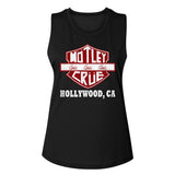 Close-up of Motley Crue Hollywood black sleeveless t-shirt featuring a motorcycle  symbol with the band logo and the words "Girls, Girls, Girls" in white and red along with "Hollywood, CA" in large white letters, photographed flat on a white background.
