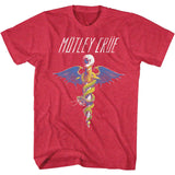 Close-up of red Motley Crue Dr Feelgood t-shirt featuring the album artwork, on a white background.
