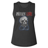 Close-up of Motley Crue black sleeveless t-shirt featuring the band logo with "Motley" in white and "Crue" in red lettering along with an illustration of a skull with handcuffs, photographed flat on a white background.