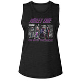 Close-up of Motley Crue On With The Show black sleeveless t-shirt featuring the album artwork, name, and band name, photographed flat on a white background.